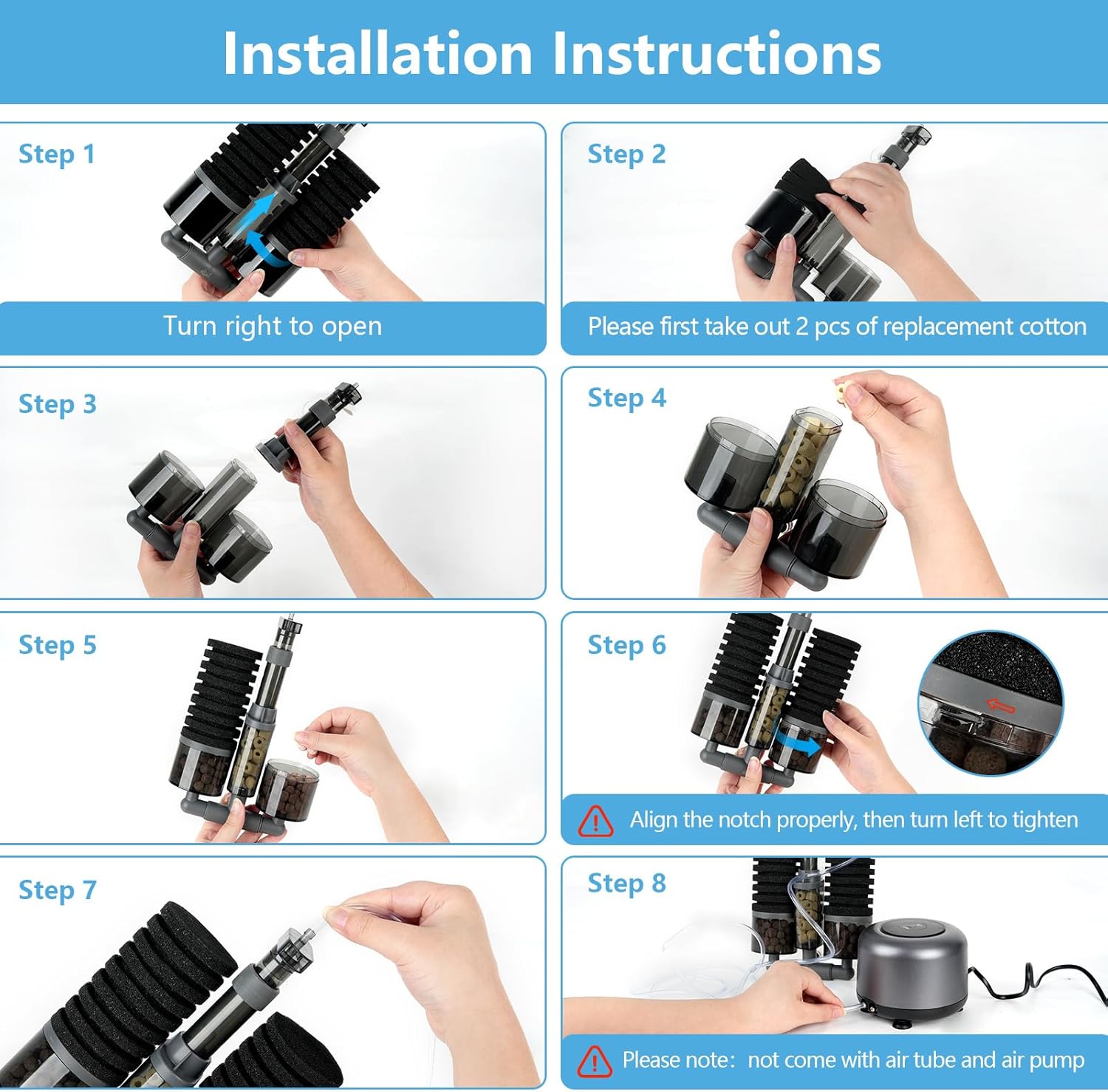AQQA Aquarium Filter, Dual Sponge Fish Tank Filters (No Pump),Multi-Stage Filtration Clean Water, Adjustable 360°Water Outlet, Air-Driven Dissolved Oxygen,Suitable for Freshwater and Saltwater S