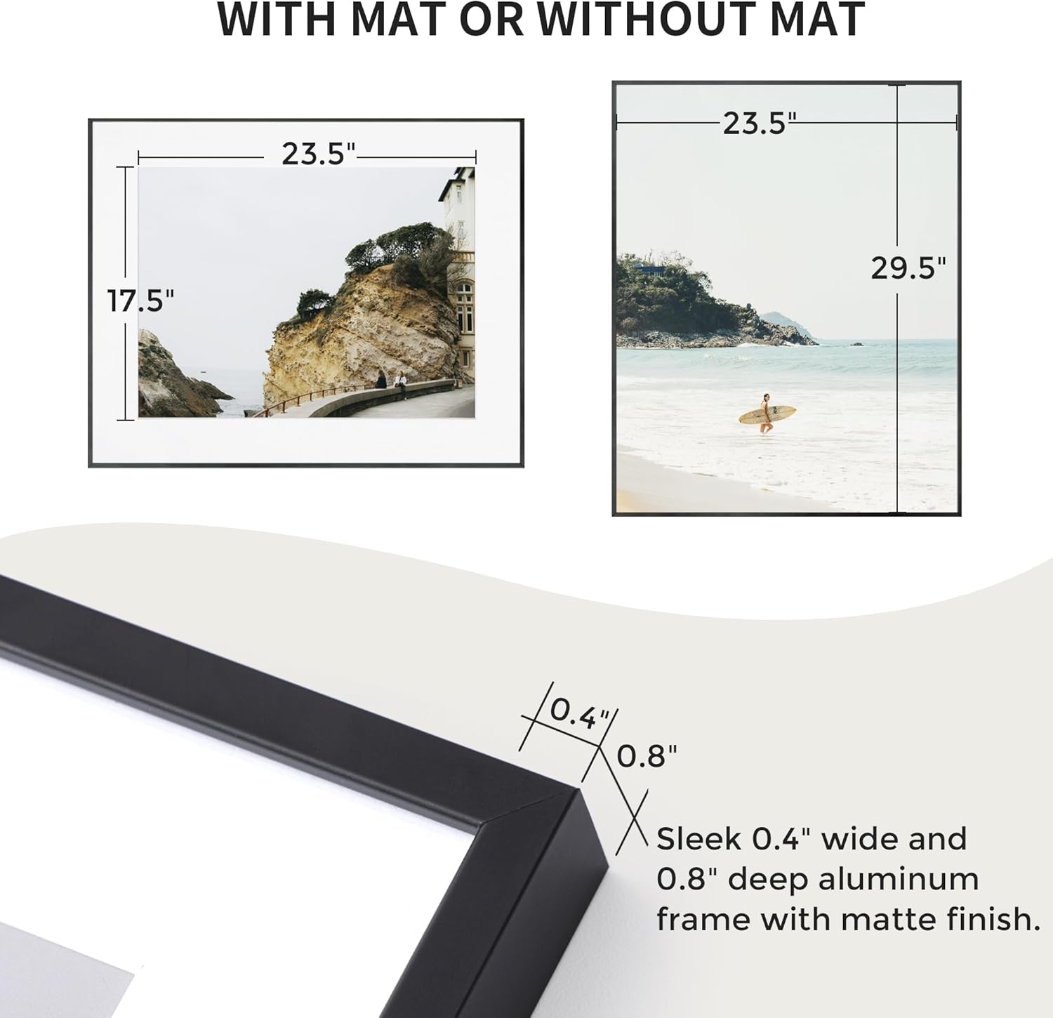 24x30 Metal Picture Frame with 18x24 Mat, Brushed Aluminum Finish, Tempered Glass Front, and Attached Hanging Hardware - Versatile Wall Display Frames for Vertical or Horizontal Orientation(Black,