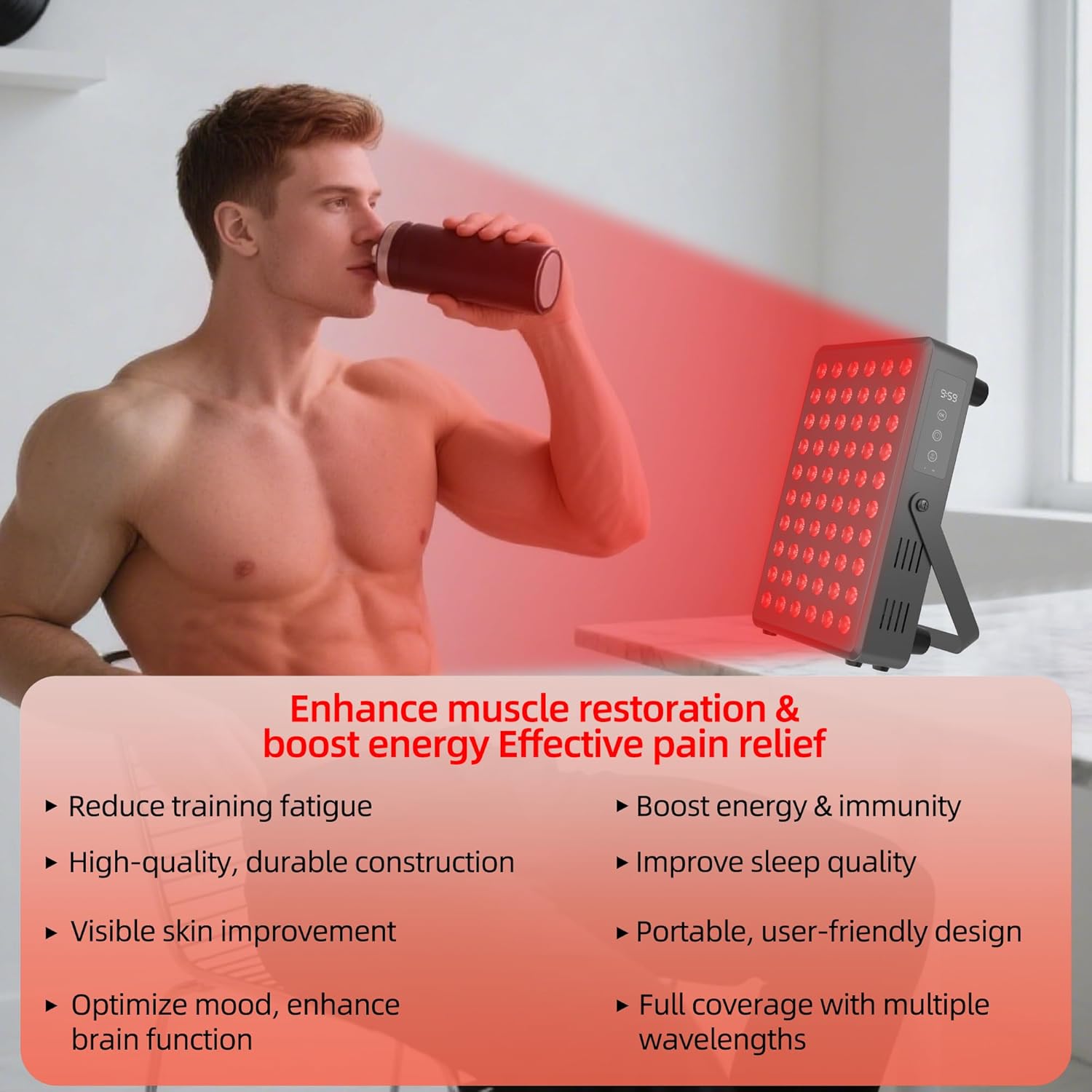 Red Light Therapy Panel for Body and Face, 660nm Red 850nm and Near Infrared Panel Built-in Timer, 60 LEDs High Power, Promote Sleep, Improve The Body, Relieve Muscle Fatigue（E300-Black)