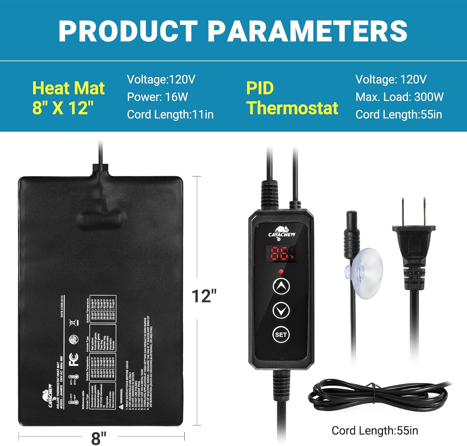 Reptile Heat Pad with Dimming Thermostat, 8" X 12" 16W Heating Pad Combo Set for 30-40 Gallon Reptile Tank, Under Tank Heater for Reptiles, Turtle, Snake, Lizard, Hermit Crab, Frogs, Seed