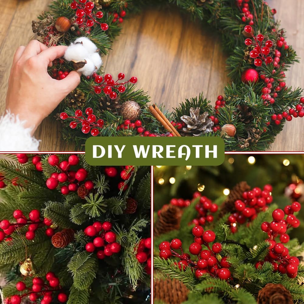 32 Pack Artificial Red Berry Stems, Christmas Red Berries Picks Holly Berry Branches for Christmas Tree Ornaments Xmas Wreath DIY Crafts Winter Holiday Home Decoration