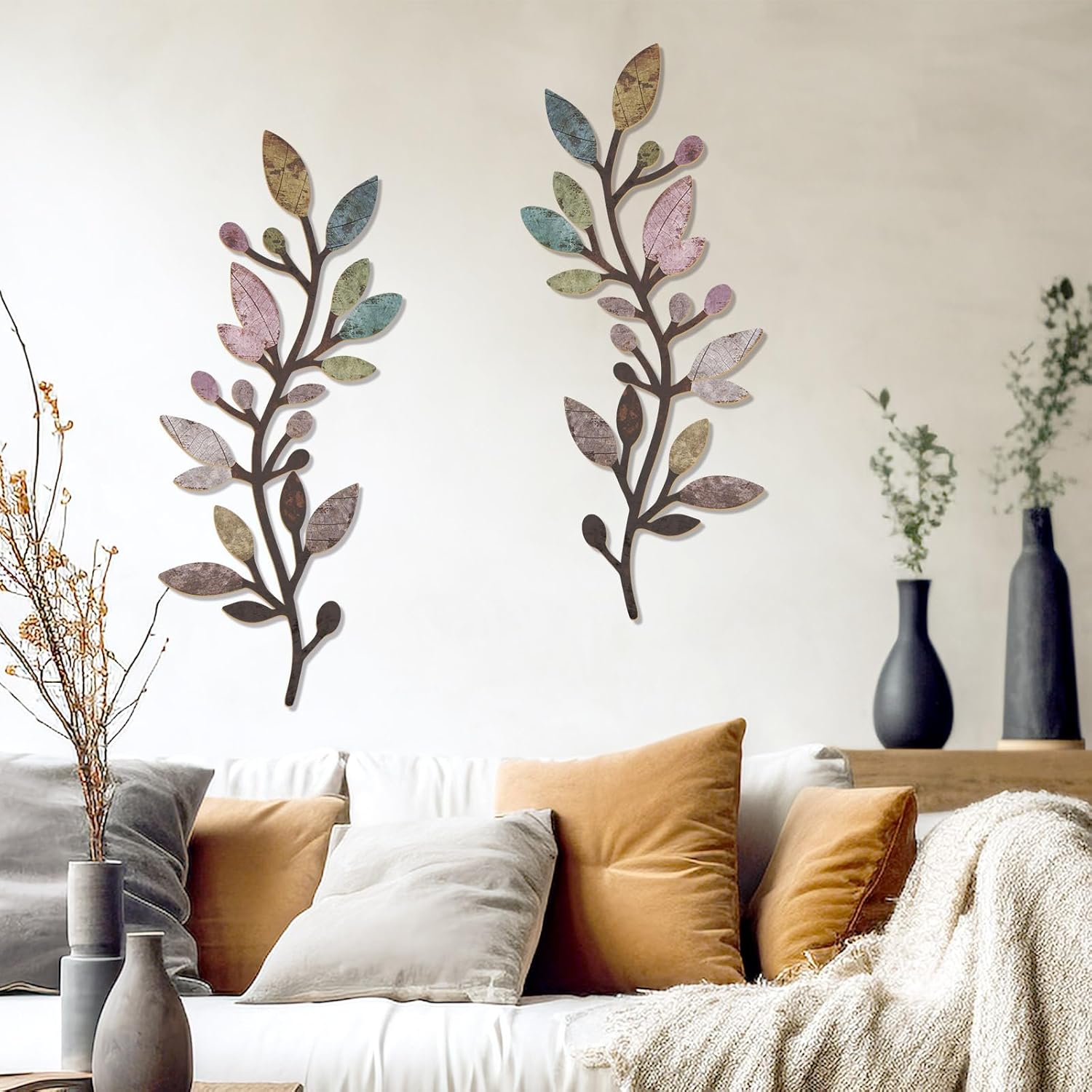 Zzbakress 2 Pcs Colorful Tree Leaf Wall Art Decor Vine Home Wall Decor Olive Branch Leaf Wall Ornament Large Wall Decor for Bedroom, Living Room, Wall Sculptures Indoor Outdoor (Multicolor)