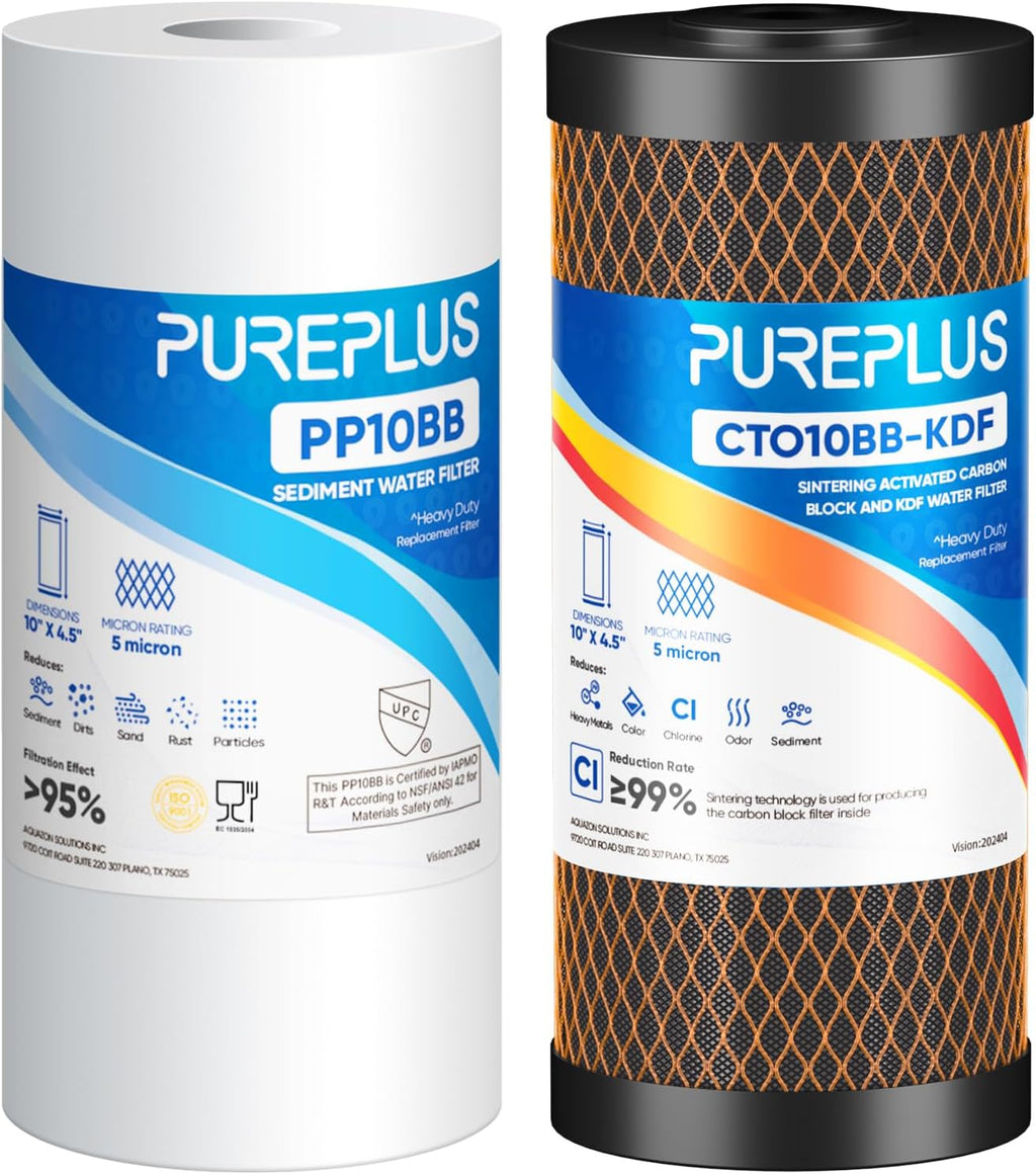 PUREPLUS 5 Micron 4.5" x 10" Whole House Water Filter Combo Kit with Sediment, KDF & Activated Carbon Block Filter, Replacement for RFC-BBSA, HD-950, WFHD13001B, WFHDC8001, FXHTC, GXWH40L,1PACK