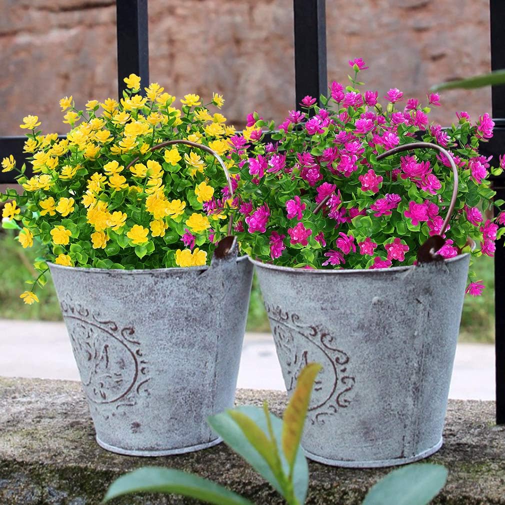 12 Bundles Outdoor Artificial Flowers UV Resistant Fake Boxwood Plants, Faux Greenery for Indoor Outside Hanging Plants Garden Porch Window Box Home Wedding Farmhouse Décor (Yellow)