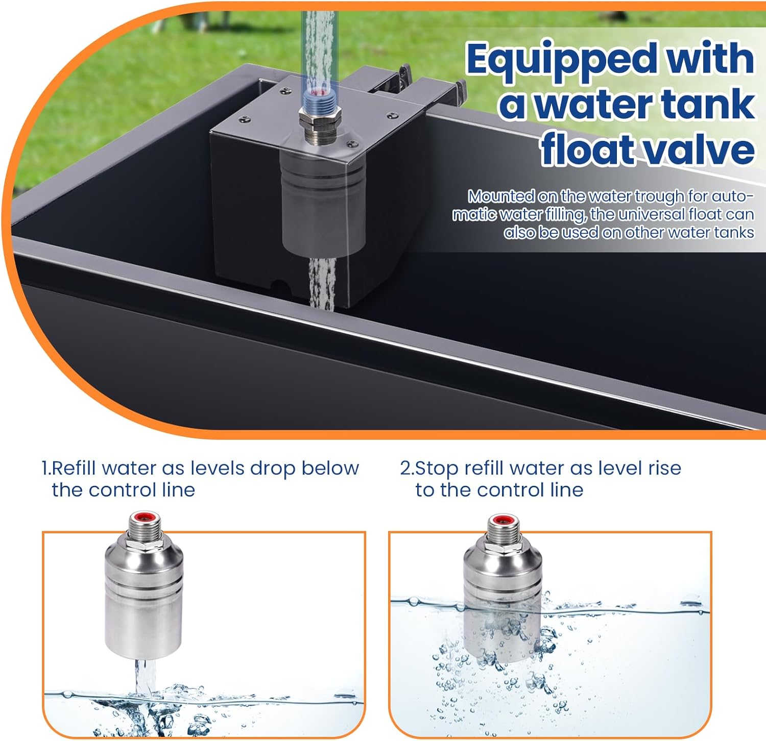 2pcs Livestock Feeder and Water Trough with Auto-Fill Float Valve Stainless Steel Goat Feeder Horse Trough Automatic Waterer for Goat, Sheep, Horse, Pig, Cattle, Large Dog Water Dispenser