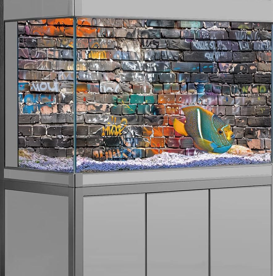 Graffiti Brick Wall Aquarium Background, Art Graffiti Theme Brick Wall Fish Tank Background, Cool Brick Wall Terrarium Background 48X18IN with 8 EVA Double-Sided Tape