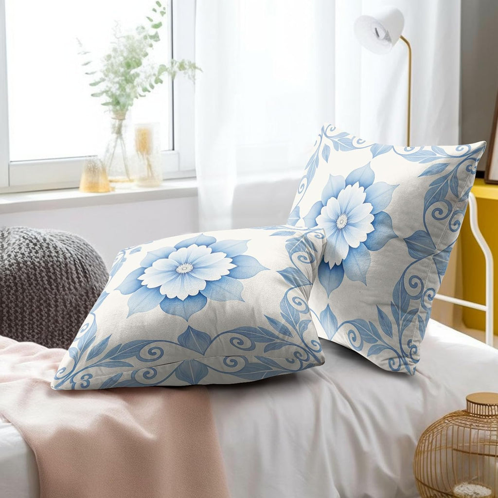 Boho Blue & White Floral Throw Pillow Covers Set of 2 Ultra-Soft All-Season Pillow Shams with Hidden Zipper,Durable for Sofa Bed Car Decor & Gift Luxury 18x18IN