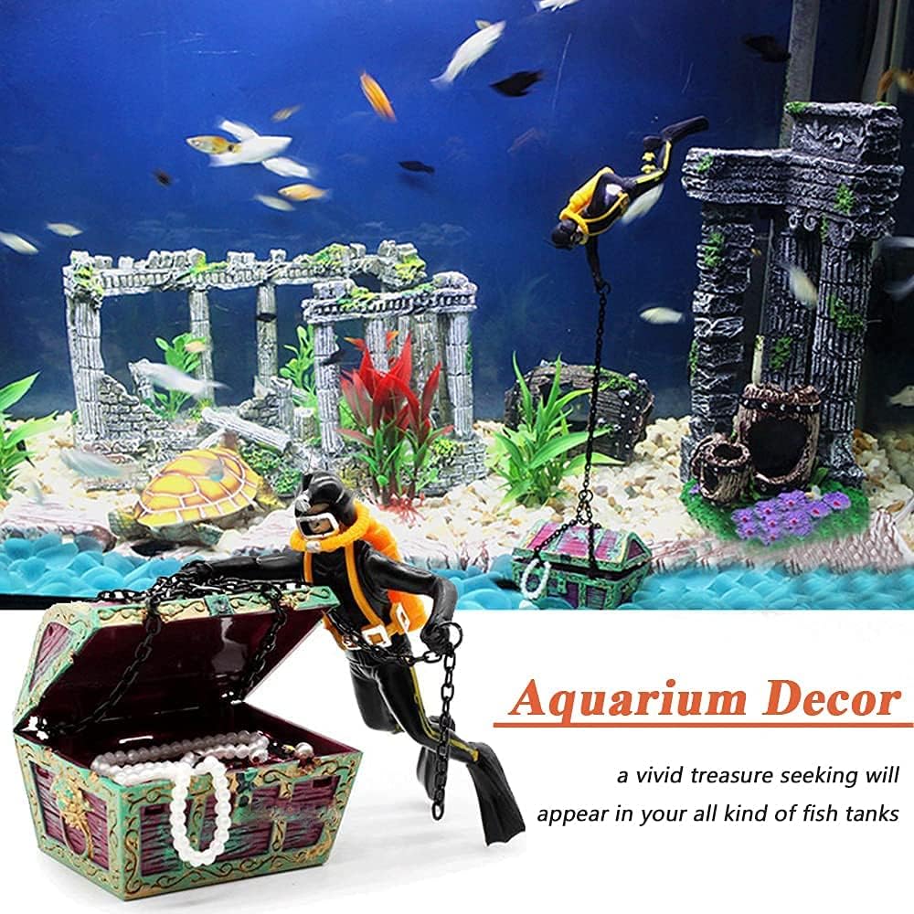 Mesee Aquarium Decor Creative Treasure Seeker, Fish Tank Ornament Undersea Landscape Treasure Chest Hunt Diver Air-Operated Decoration - Black