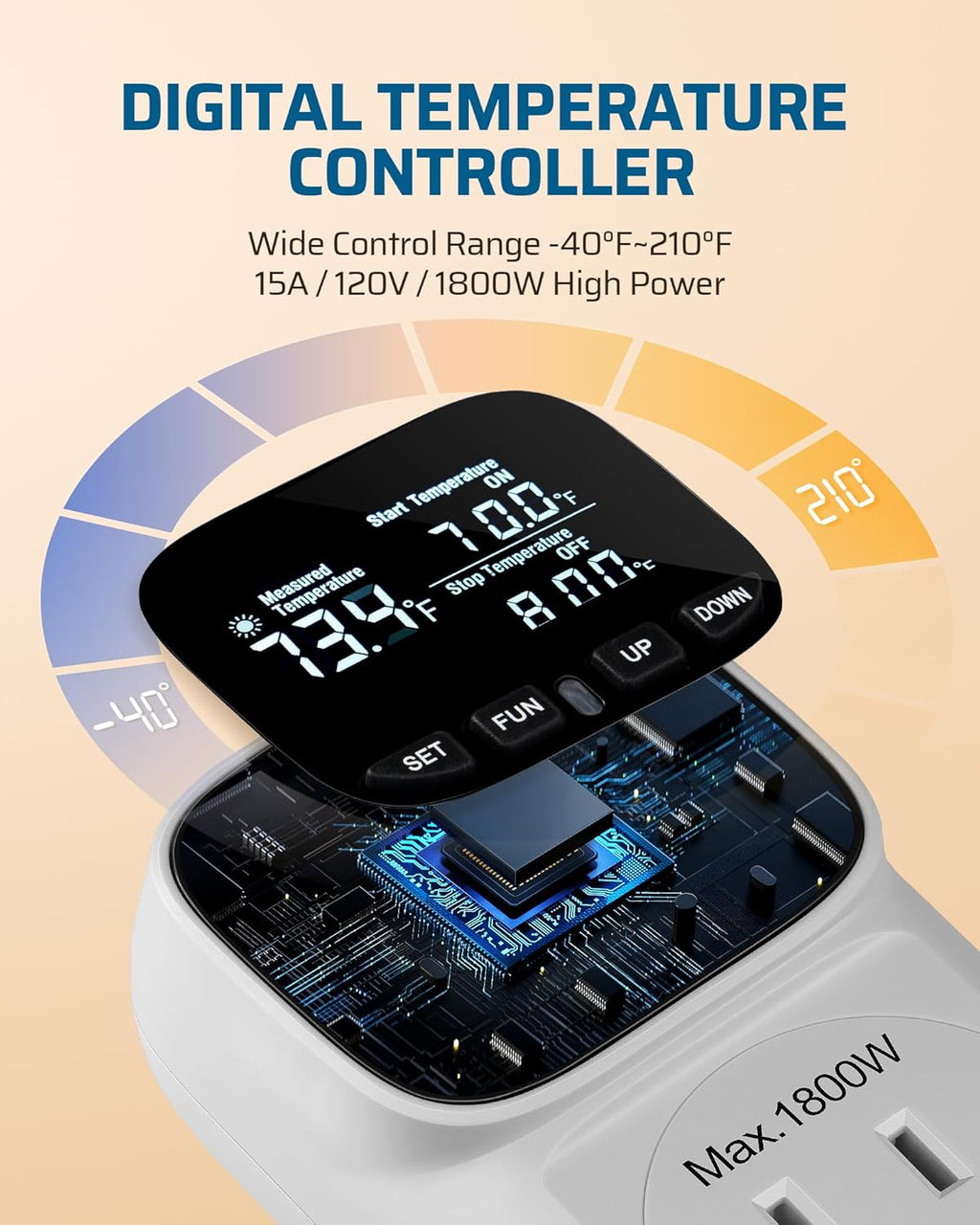 DEWENWILS Digital Temperature Controller, Heavy Duty 15A/1800W Thermostat Outlet Plug, VA Display Heating Cooling Control Timer, -40℉~210℉, Cyclic Timing/Countdown, for Greenhouse Incubator Homebrew