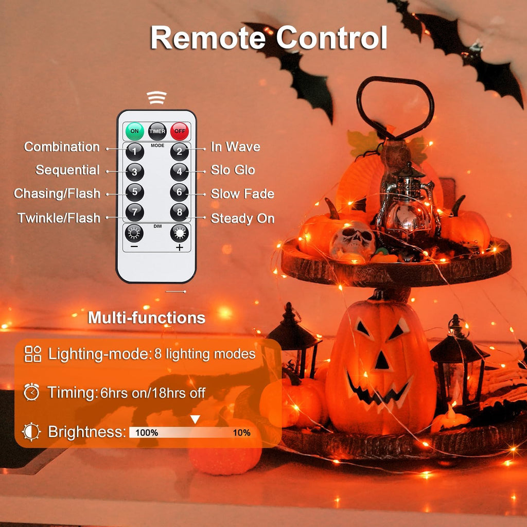JMEXSUSS 2 Pack Orange Fairy Lights, Total 200 LED 66ft Battery Operated Halloween Lights with Remote, 8 Modes Twinkle String Light for Halloween Thangksgiving Fall Tree Indoor Outdoor Decoration