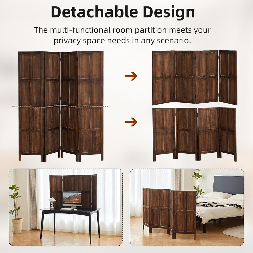 Wood 4 Panel Room Divider, 5.6Ft Detachable Folding Privacy Screen for Room Separation, 33.5" 2in1 Removable Short Wall Divider Screen for Home Office, Bedroom, Dog Gate for Isolate Dog-Brown