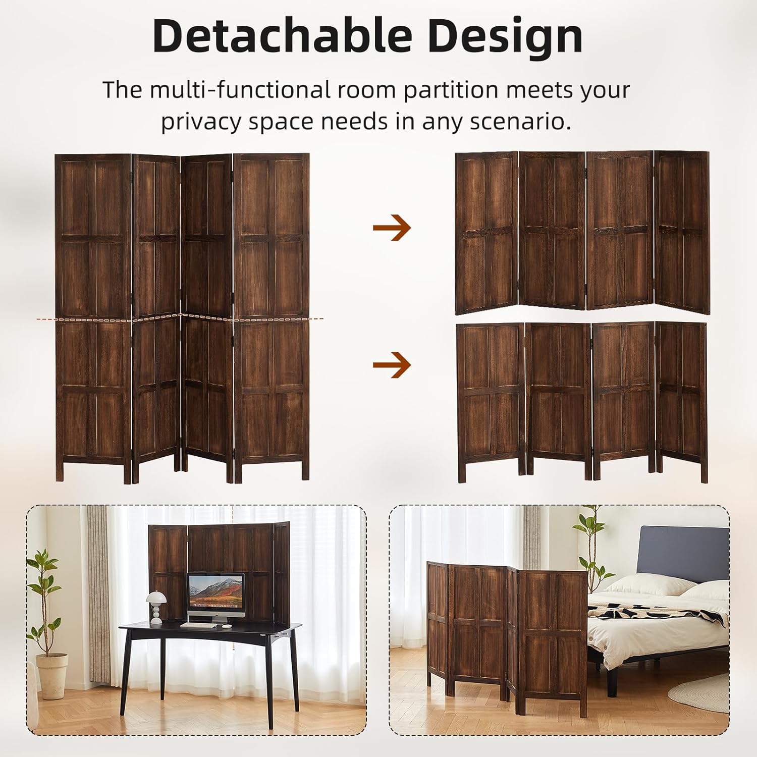 Wood 4 Panel Room Divider, 5.6Ft Detachable Folding Privacy Screen for Room Separation, 33.5" 2in1 Removable Short Wall Divider Screen for Home Office, Bedroom, Dog Gate for Isolate Dog-Brown