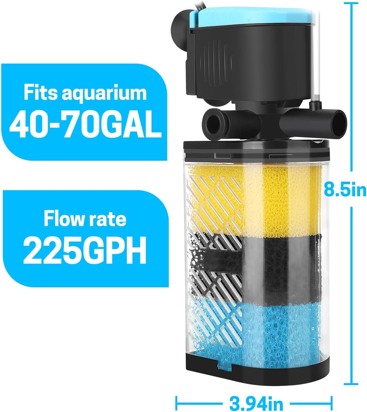 AquaMiracle Aquarium Filter 3-Stage in-Tank Filter Internal Fish Tank Filter Turtle Filter for 40-70 Gallon Fish Tanks with Dual Water Outlet & Aeration
