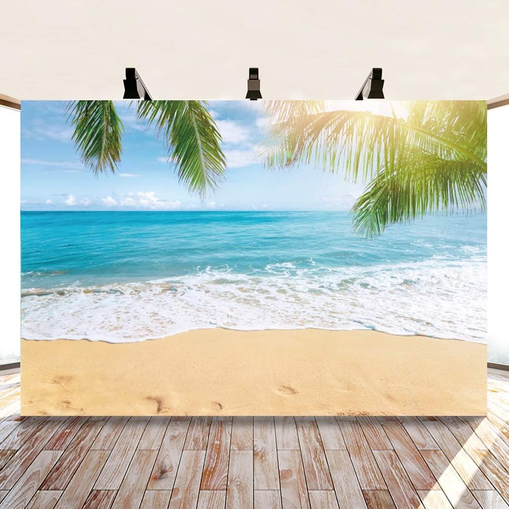 Leowefowa 8x6ft Sea Beach Backdrop Seaside Sand Beach Sea Wave Tropical Palm Leaf Photography Backdrops for Photo Shoots Holiday Party Adult Personal Portrait Photo Background Studio Props