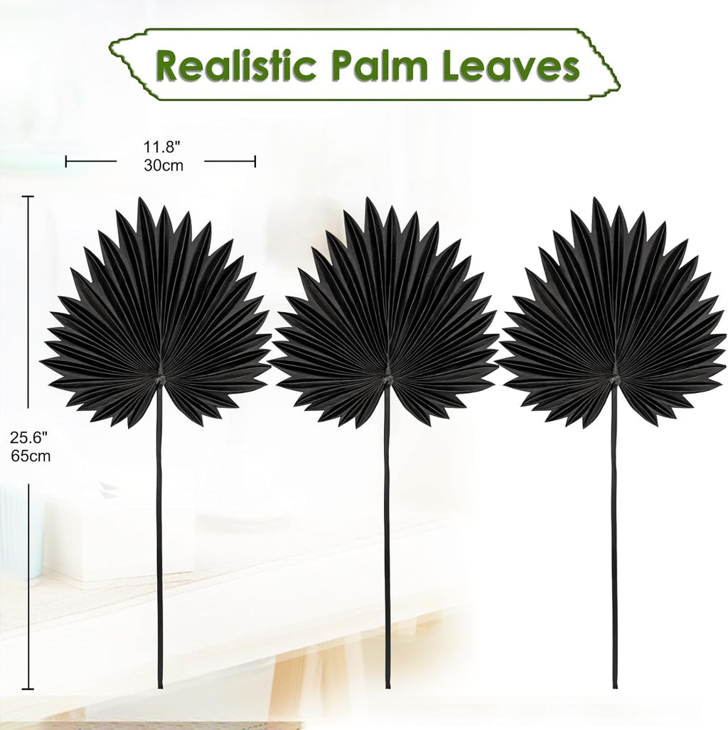 DILATATA 3PCS Large Black PU Foam Artificial Palm Leaves – Faux Tropical Palm Fronds for DIY Wedding Bouquets, Centerpieces, Bridal Shower, Party & Home Decor Arrangements