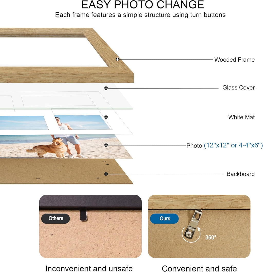 12x12 Picture Frame Set of 2, Natural Oak Wood Frame with Glass Collage Frame, Display Pictures 4-4x6 With Mat or 12 x 12 Without Mat, Square Photo Frames Collage for Wall Hanging or Tabletop