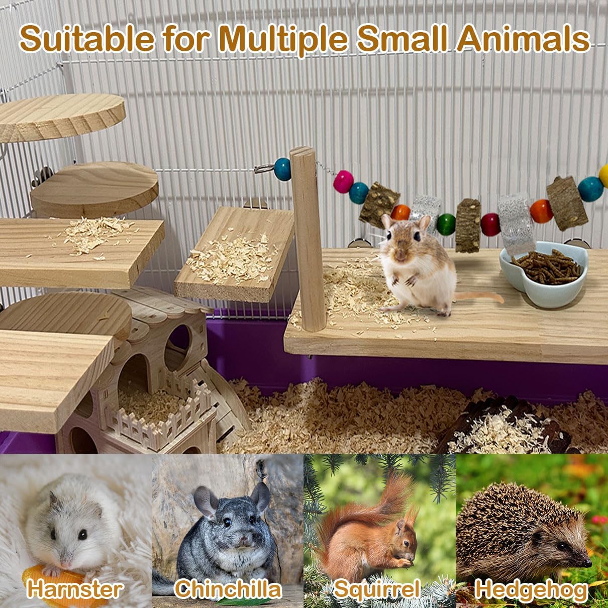 7 Pcs Chinchilla Ledges Wood Sets, Hamster Wooden Stand Platform with Lava Ledge Blocks Chew Toys Small Animal Cage Accessories for Rat Gerbil Guinea Pig Parrot Chipmunk Squirrel Mouse