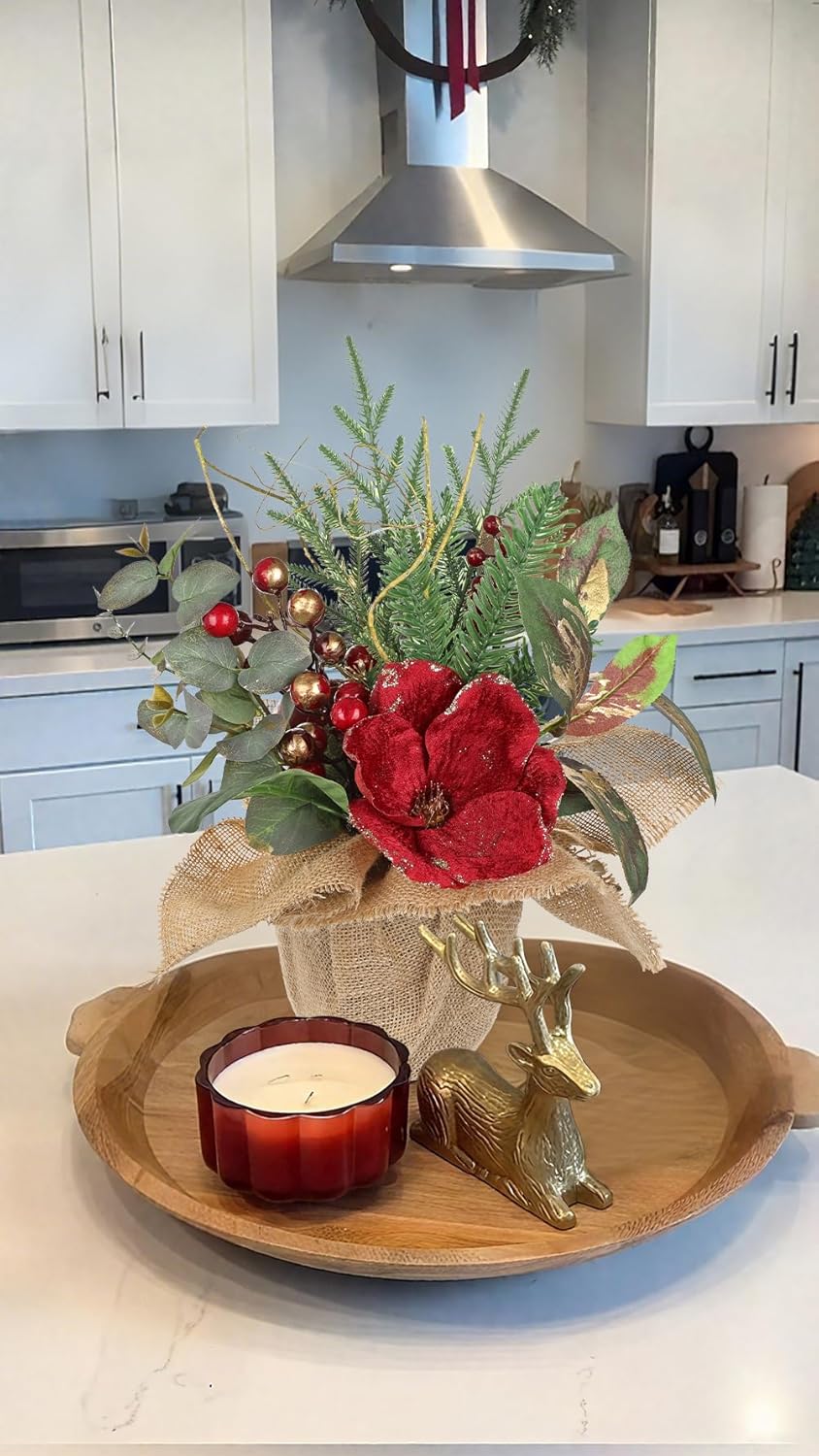 Briful 15.7’’ Premium Artificial Christmas Arrangement with Red Magnolia, Pomegranate & Gold Berries in Burlap Pot, Elegant Holiday Centerpiece for Farmhouse & Modern Christmas Décor