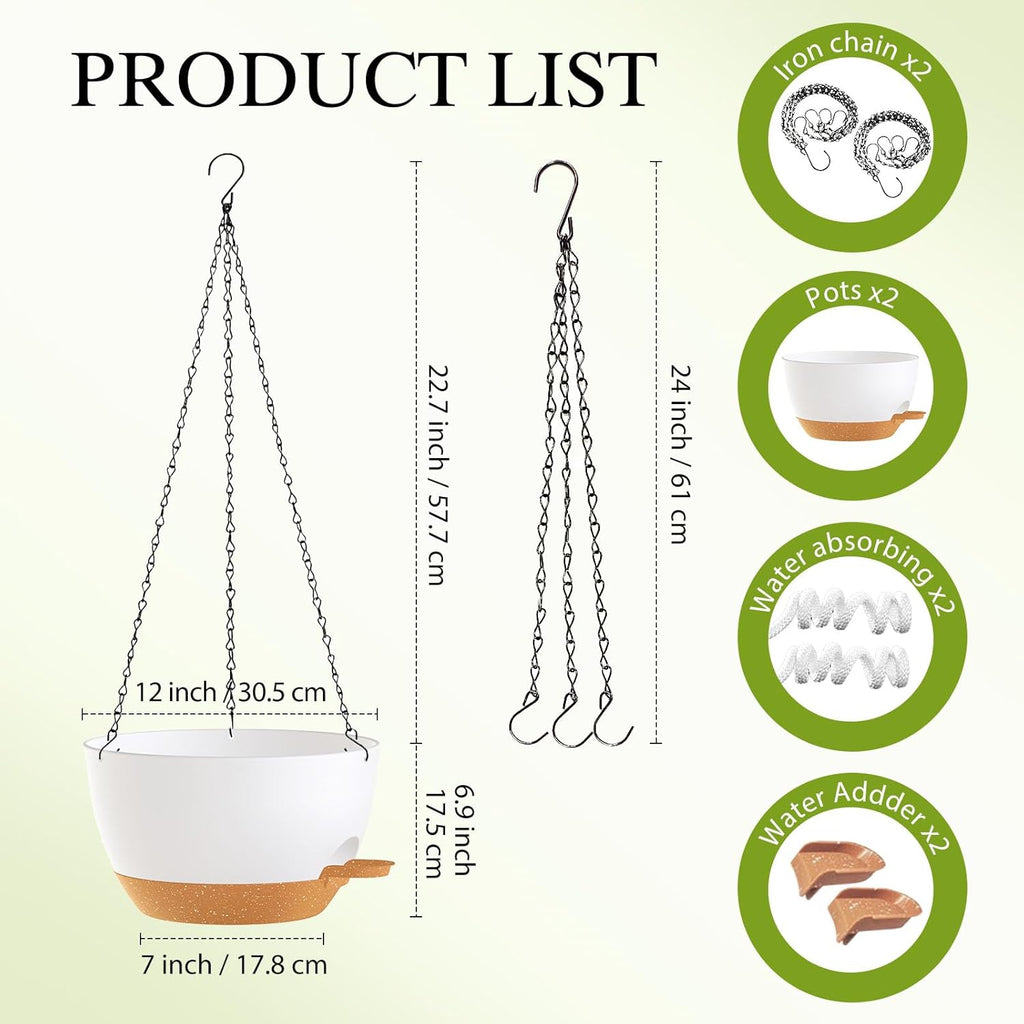 12 Inch Hanging Baskets 2 PC with Chains, Self-Watering Hanging Planters for Indoor Outdoor Plants, Plastic Hanging Flower Pots,White Brown