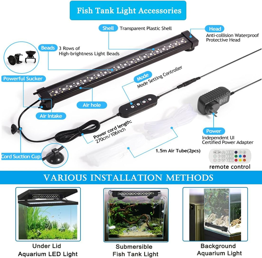 Submersible Aquarium Light for Fish Tank,24/7 Mode Full Spectrum LED Fish Tank Light with Air Bubble Hole RGB Color Changing Brightness Timer Adjustable,11.8inch 10W Fish Light