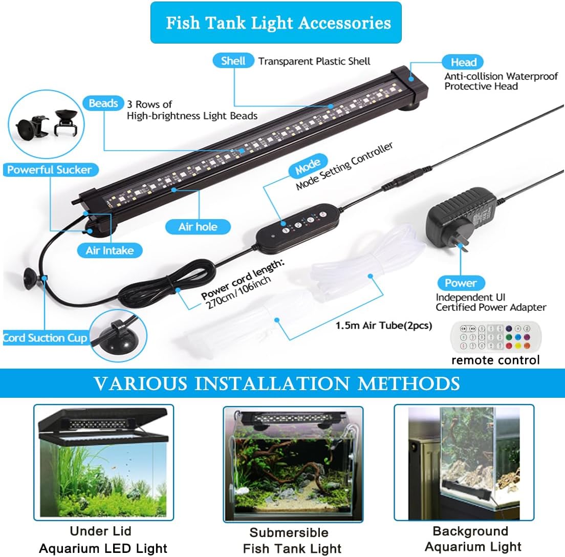 Submersible Aquarium Light for Fish Tank,24/7 Mode Full Spectrum LED Fish Tank Light with Air Bubble Hole RGB Color Changing Brightness Timer Adjustable,11.8inch 10W Fish Light