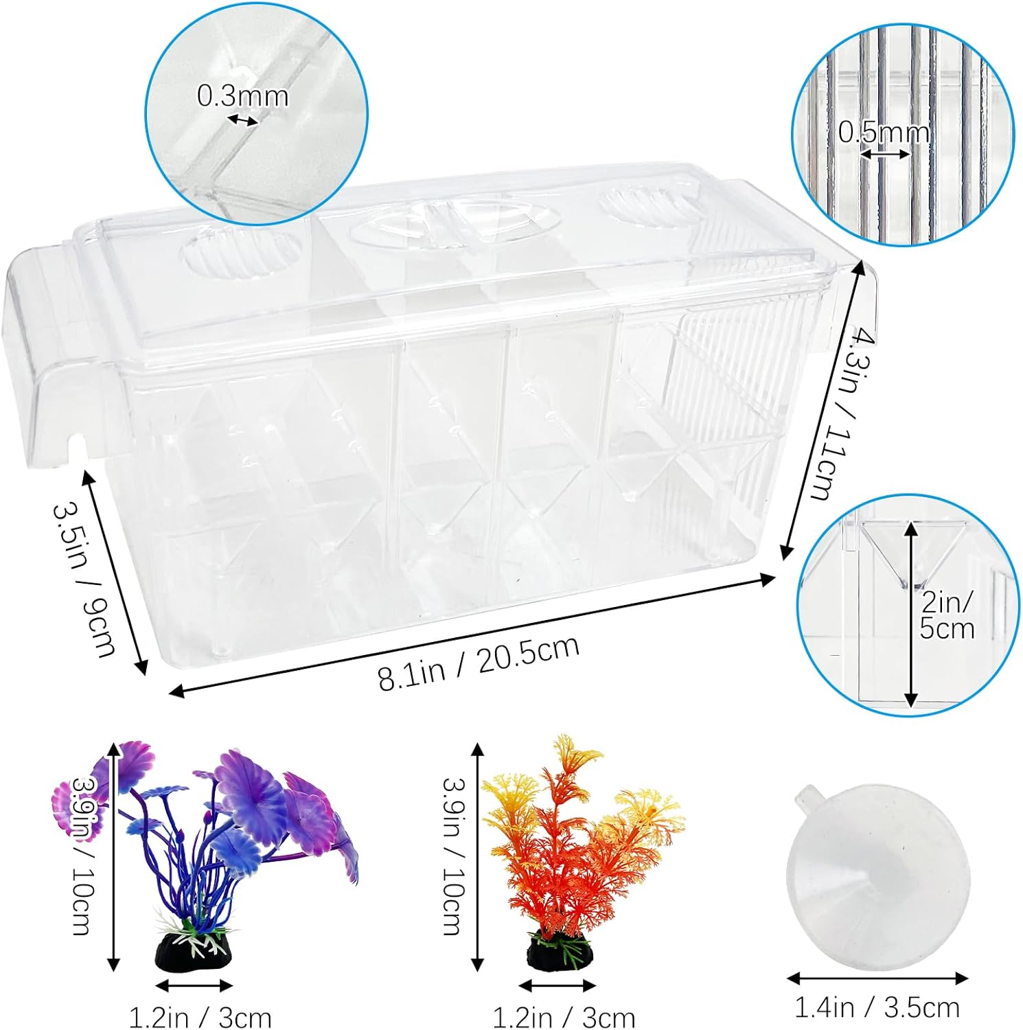 Tfwadmx Fish Breeding Box - 4 Rooms HD Aquarium Breeder with Suction Cups, Baby Hatchery Acrylic Incubator Isolation Box, Artificial Plant for Guppy Hatchery