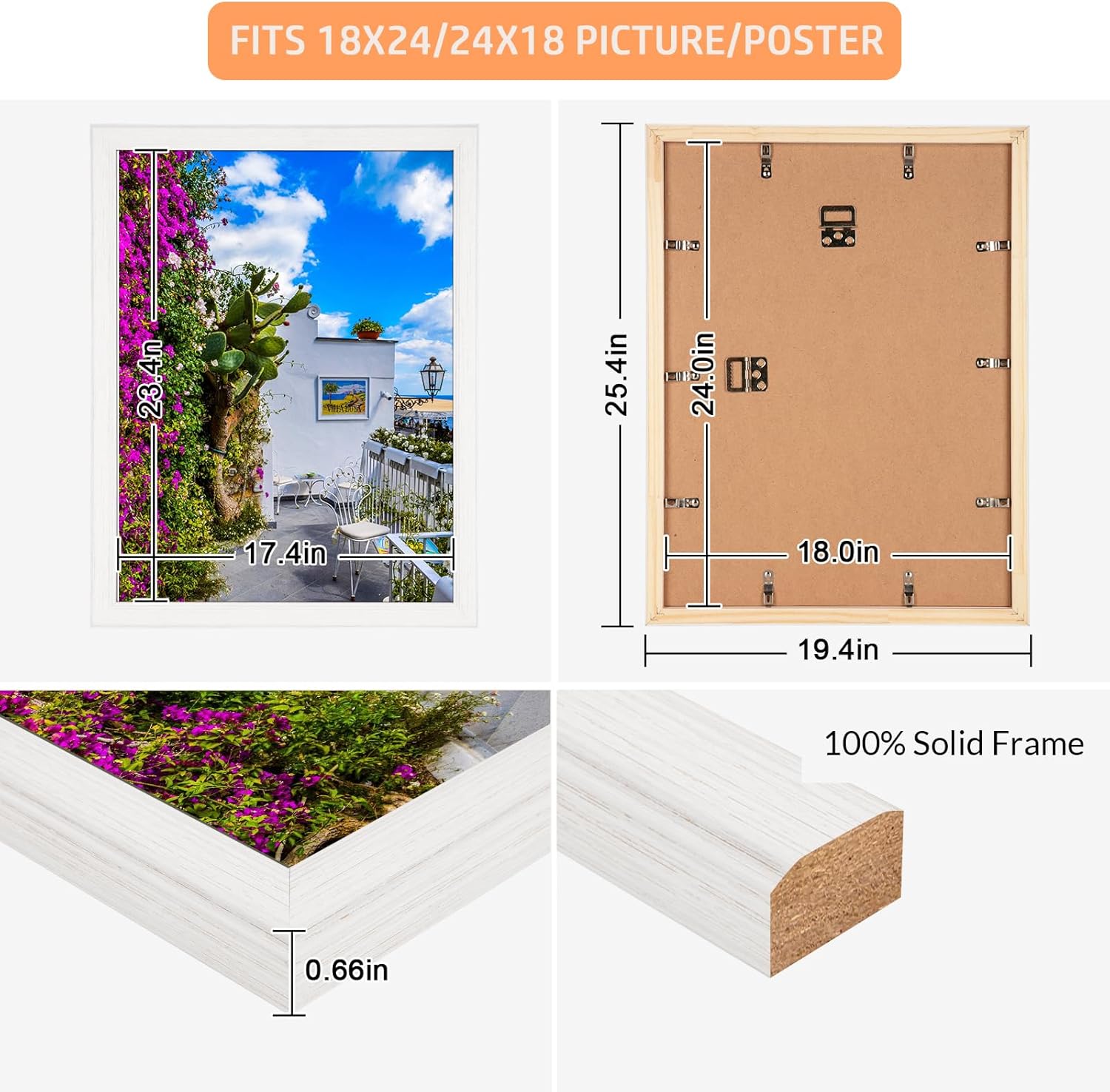 18x24 Wood Frame White, Natural Woodgrain 24x18in Picture Frame, Rustic Wooden 18 x 24 inch Gallery Wall Photo Poster Frame with HD Plexiglass, Horizontal Vertical Wall Mounting Display 1pcs