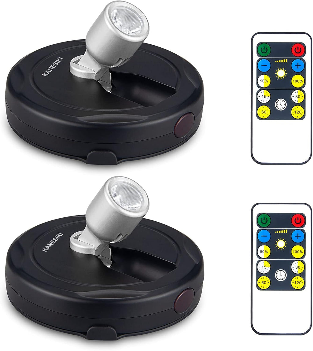 Wireless Spotlight Battery Operated, LED Picture Lights, Stick on Uplighting for Indoor Plant Tree Painting Artwork Portrait Photo Art, Dimmable Accent Puck Light with Remote, 2 Pack