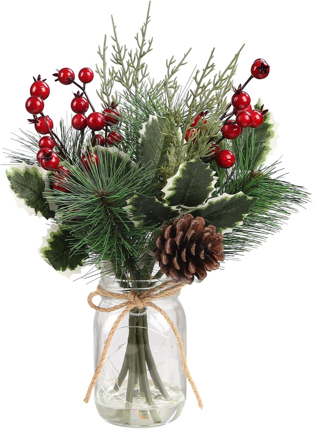 Christmas Artificial Flowers with Vase, Small Christmas Decorations with Pine Branches Red Berry Stems, Greenery Decorations Pines Stem with Cones Holly Berry Leaves for Xmas Home Holiday Season Decor