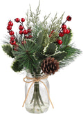 Christmas Artificial Flowers with Vase, Small Christmas Decorations with Pine Branches Red Berry Stems, Greenery Decorations Pines Stem with Cones Holly Berry Leaves for Xmas Home Holiday Season Decor