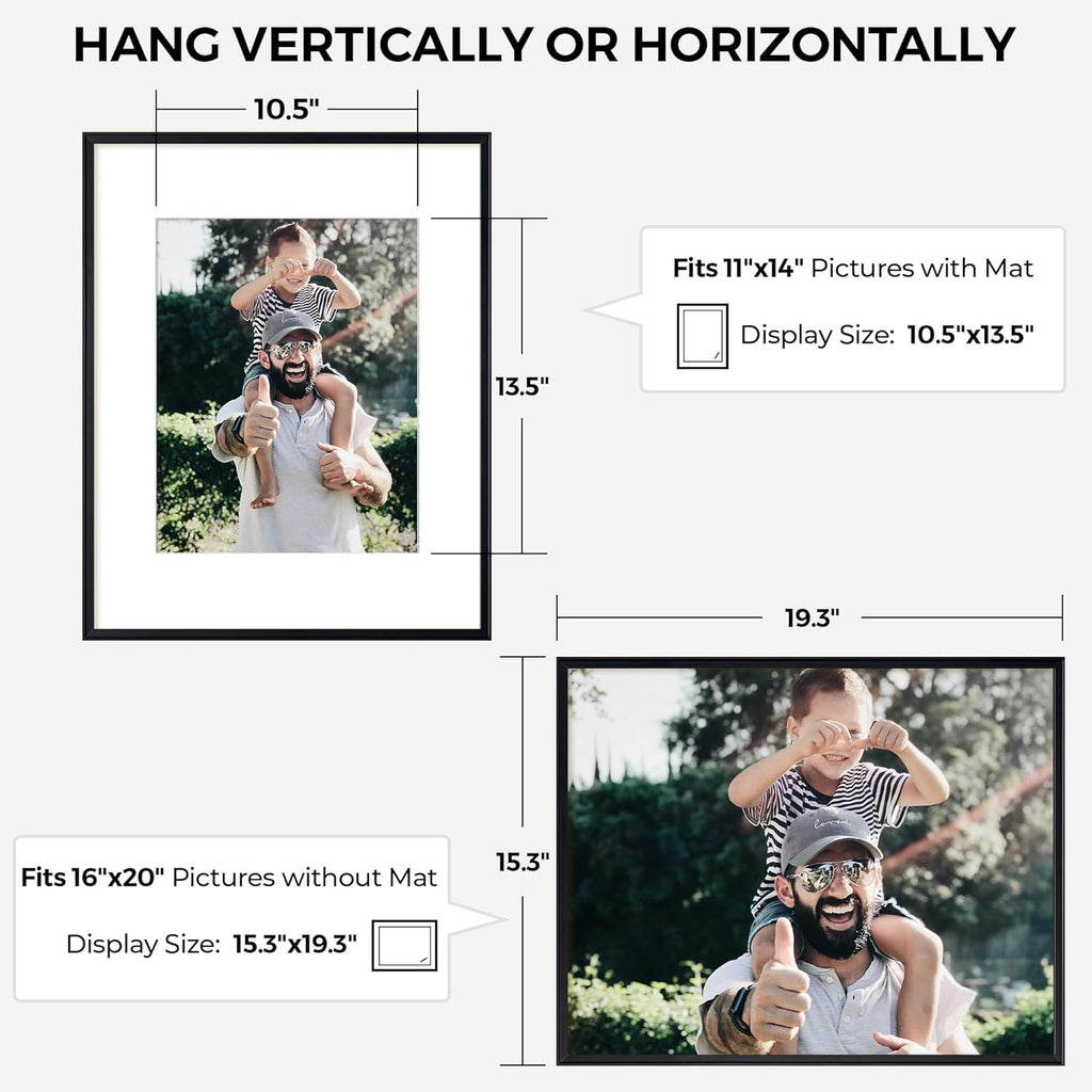 RICHFOCUS Aluminum Picture Frame - 16x20 Black Metal Frame with Mat for 11x14 Photo, Floating Frame with Tempered Glass - Poster Frame Wall Hook Included for Gallery Wall