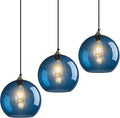 Blue Glass Pendant Lights Kitchen Island Lighting Globe Pendant Light Fixtures Modern Pendant Lighting for Kitchen Island Bedroom Living Dining Room Light Fixture(9.84in, 3-Pack)