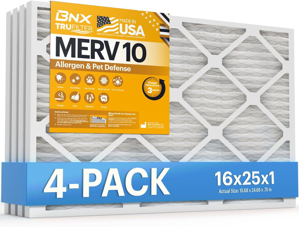 BNX TruFilter 16x25x1 MERV 10 (4-Pack) AC Furnace Air Filter - MADE IN USA - Pleated Air Conditioner HVAC AC Furnace Filters - Removes Odor, Mold, Bacteria, Smoke