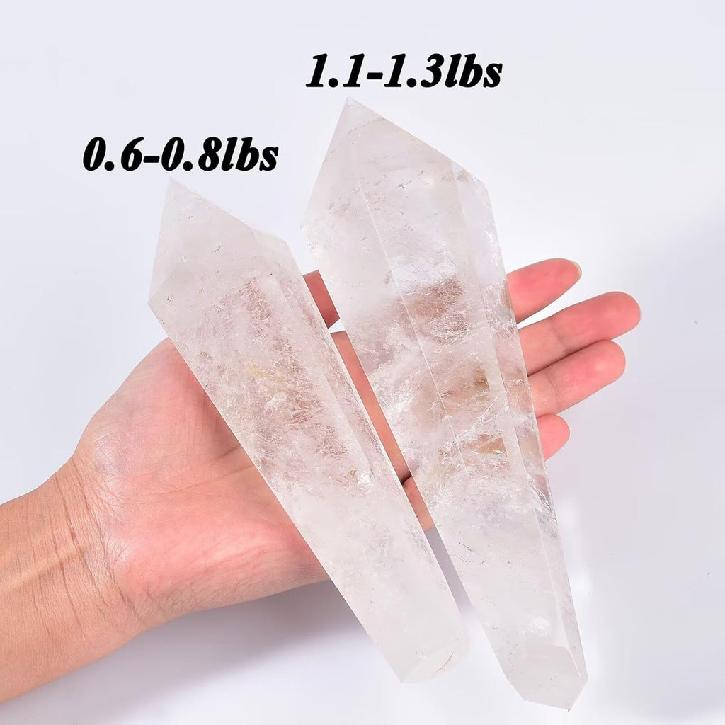 White Crystal Wand Point Long Healing Crystal Scepter Decorative Stone Reiki Meditation with Display Stand Home Office Decor 0.8-1.1LBS