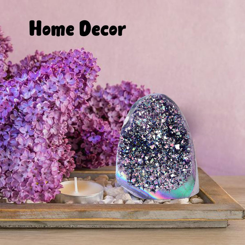 JIC Gem Rainbow Aura Titanium Coated Amethyst (1 lb to 2 lb) Crystal Cluster from Brazil Quartz Geode Gemstone Home Decor