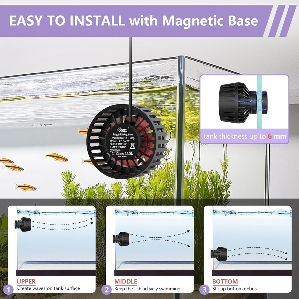 hygger Mini Aquarium Wave Maker for 15-40 Gallon Fish Tank with Magnetic Base Adjustable Powerhead for Saltwater and Freshwater Up to 792 GPH