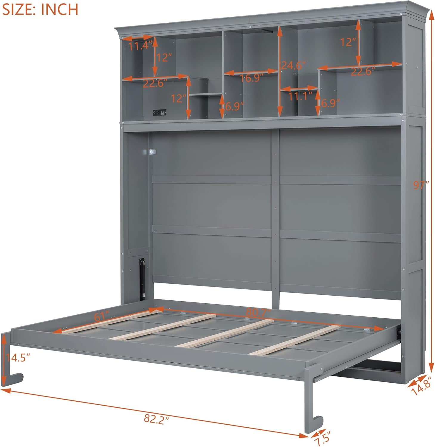 Merax Farmhouse Solid Wood Murphy Bed Chest with Top Shelves & USB Charging, Storage Wall Platform Bed with Wood Slat Support/Space Saving Queen,Gray