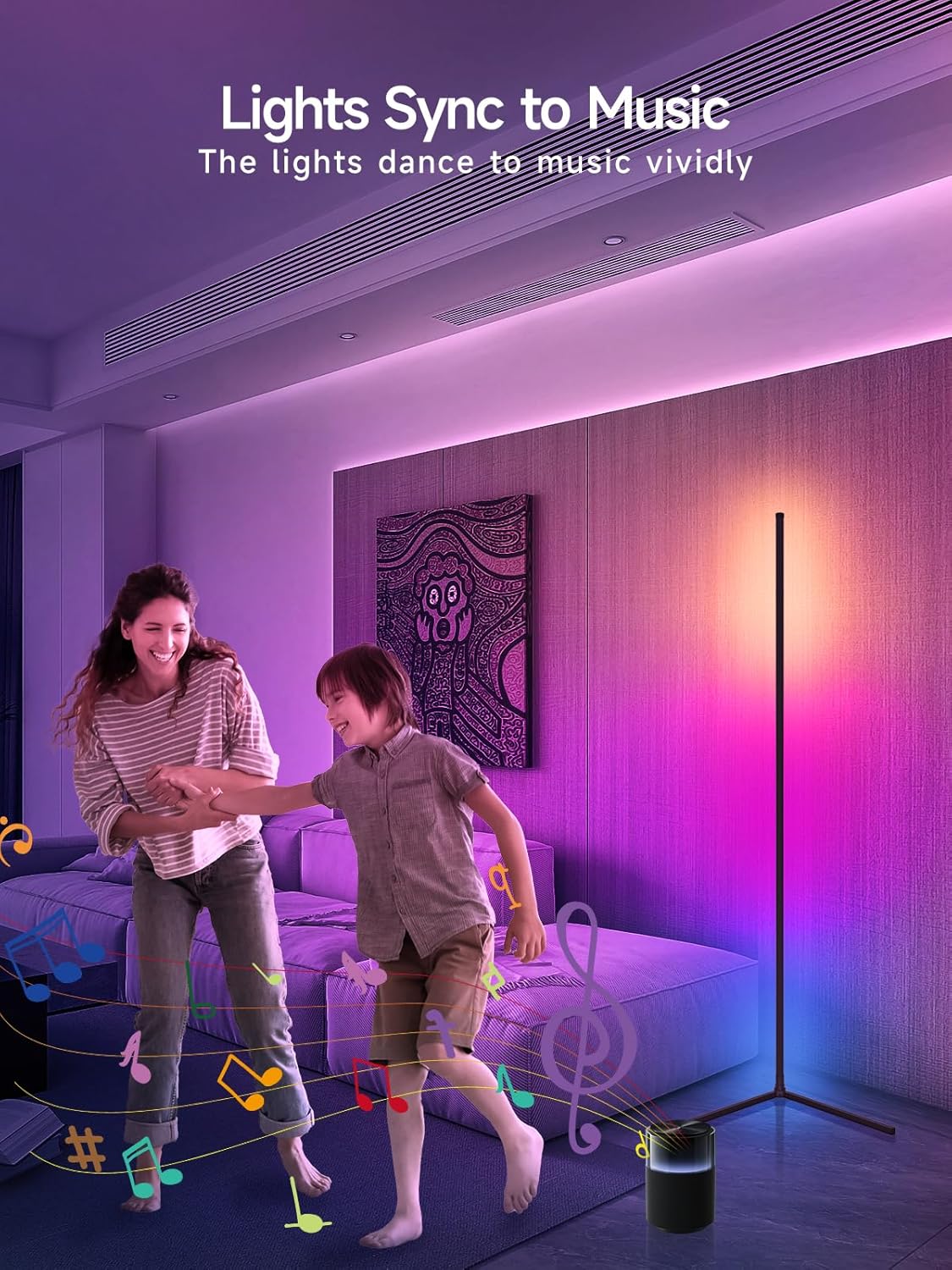 Corner Floor Lamp, RGB LED Corner Lamp with Music Sync, Smart App and Remote Control Color Changing Ambience Light, 16 Million Colors for Bedroom, Living Room Gaming Room (2pcs)