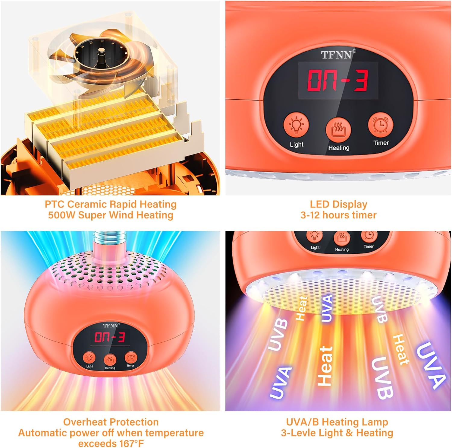 Chicken Coop Heater Lamps,200W-350W-500W Reptile Heating Lamp Upgraded with UVA UVB Ligh 3-6-9-12H Timer,Protable Greenhouse Heater for Outdoor Chicken Coop for Reptile Rabbits Dog Cats (Orange)