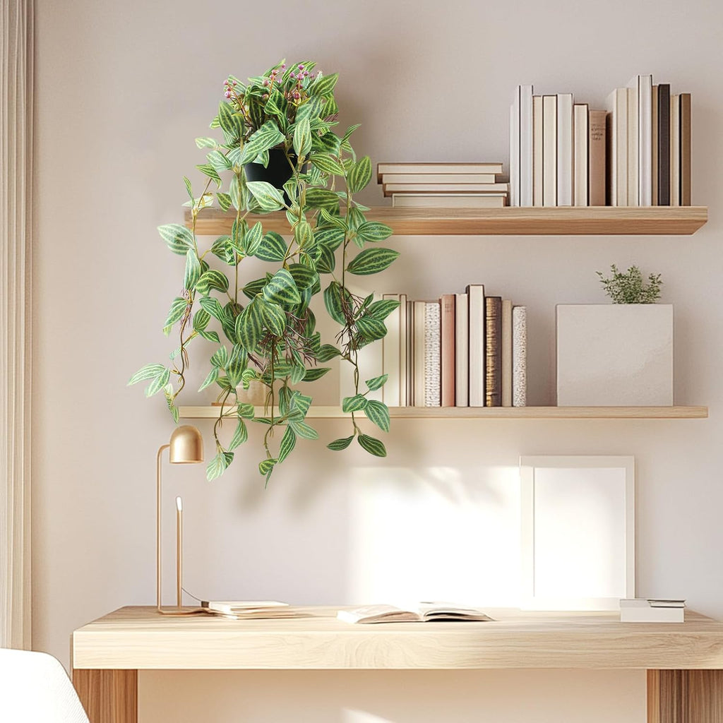 2 Pcs Artificial Hanging Plants Realistic Watermelon Texture Fake Peperomia Leaves Faux Potting Vine Green Plants for Indoor Outdoor Home Garden Decor
