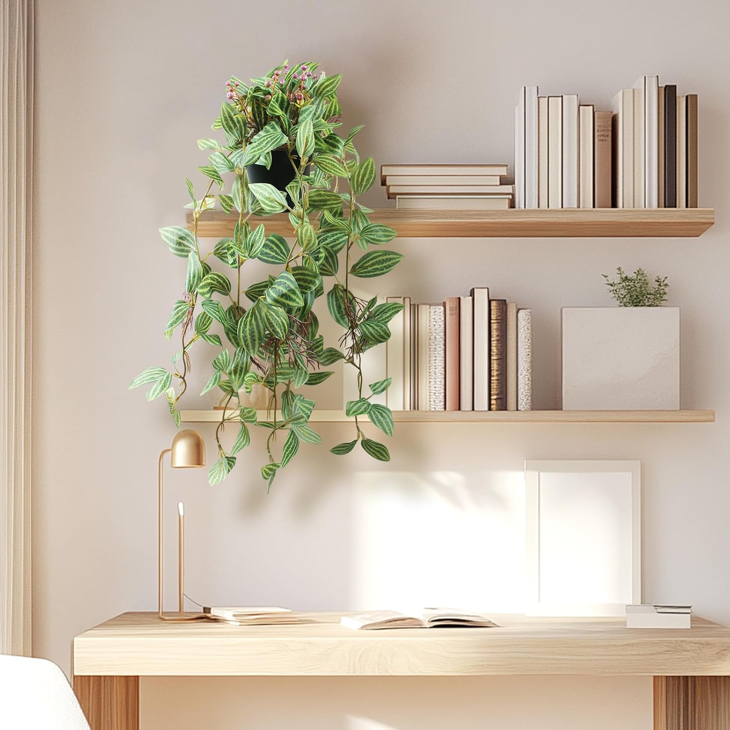 2 Pcs Artificial Hanging Plants Realistic Watermelon Texture Fake Peperomia Leaves Faux Potting Vine Green Plants for Indoor Outdoor Home Garden Decor