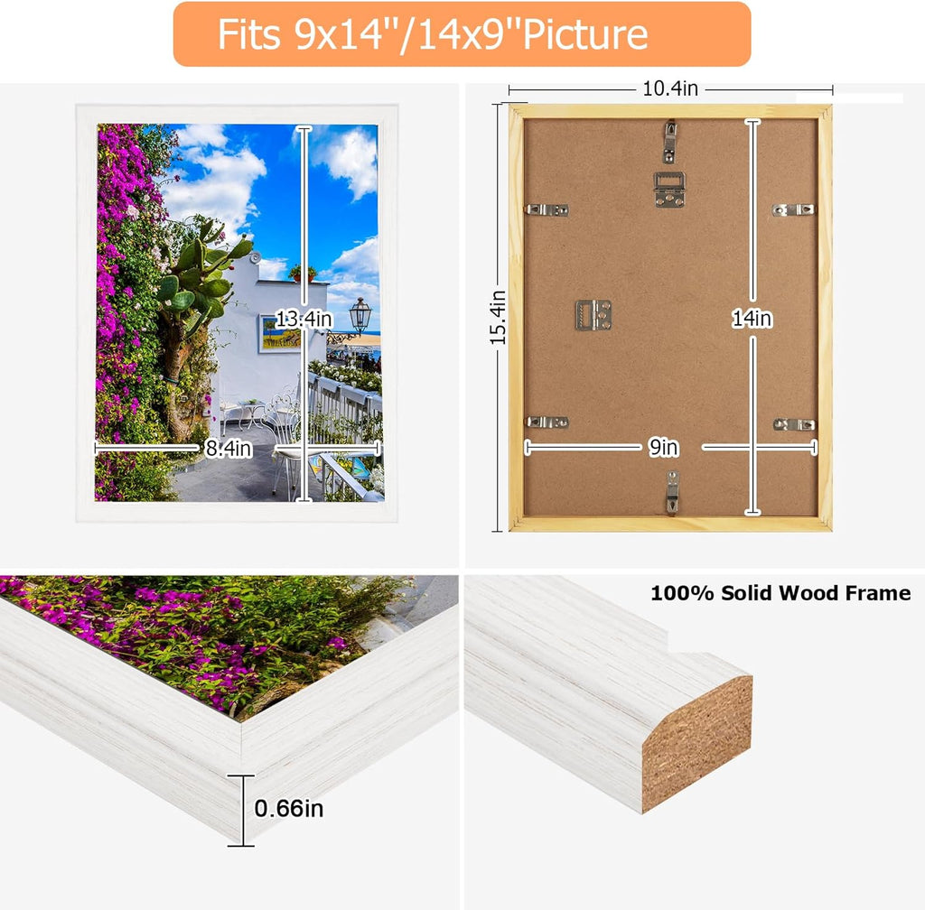 9x14 Wood Frame White, Modern Natural Woodgrain 14x9in Picture Frame, Rustic Wooden 9 x 14 inch Gallery Wall Photo Poster Frame with HD Plexiglass, Horizontal Vertical Wall Mounting Display 1pcs