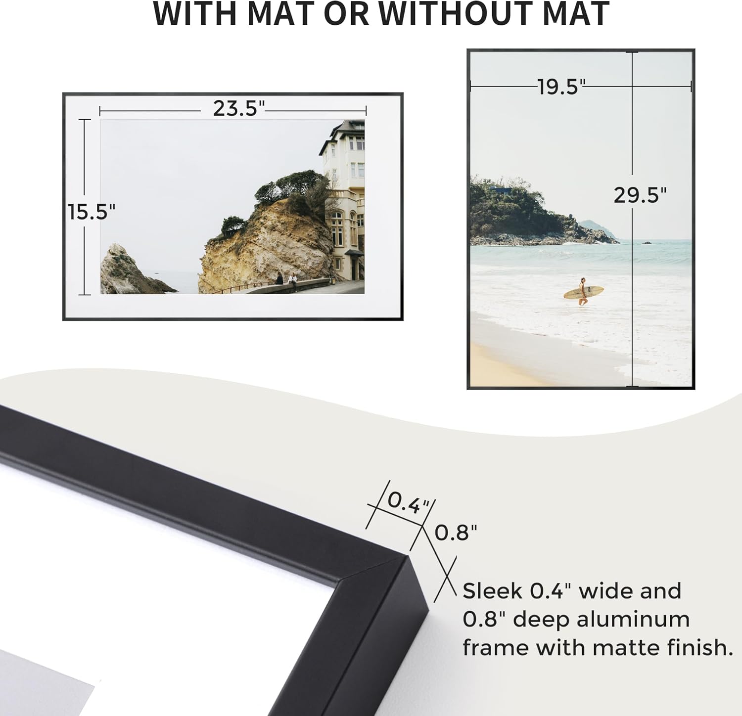 20x30 Metal Picture Frame with 16x24 Mat, Brushed Aluminum Finish, Tempered Glass Front, and Attached Hanging Hardware - Wall Display Frames for Vertical or Horizontal Orientation - Black