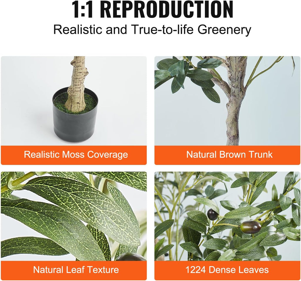 VEVOR Artificial Olive Tree, 6 FT Tall Faux Plant, Secure PE Material & Anti-Tip Tilt Protection Low-Maintenance Plant, Lifelike Green Fake Potted Tree for Home Office Warehouse Decor Indoor Outdoor