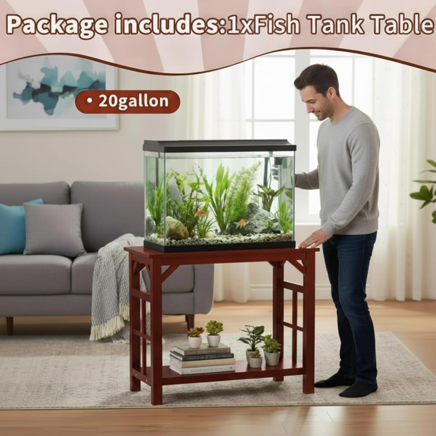 10-20 Gallon Solid Wood Fish Tank Stand Heavy Duty Aquarium Terrarium Stand for Home Office Fish Tank Shelf Table, Cherry, 25.5 x 14 x 24.4 Inch