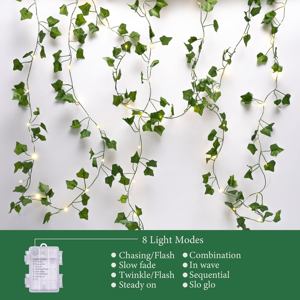2 Pack 6.56FT Vines with Lights, Fake Ivy String Lights Battery Operated, 20 LEDs Green Leaf Lights with 8 Modes, Artificial Vines with Fairy Lights for Bedroom Wall Garden Party Decor