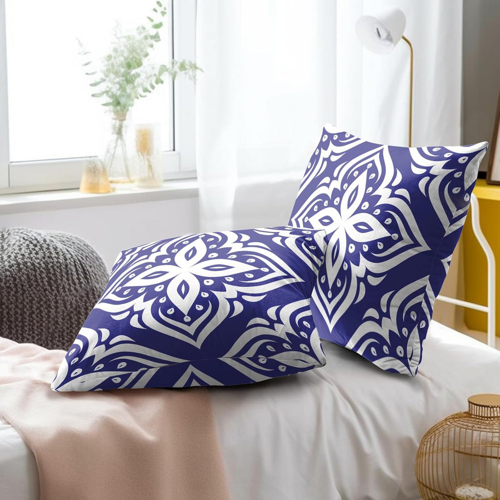Navy Blue & White Floral Throw Pillowcases Set of 2 All-Season Soft Pillow Covers with Hidden Zipper,Durable for Sofa Bed Car Decor & Gift 18x18Inch