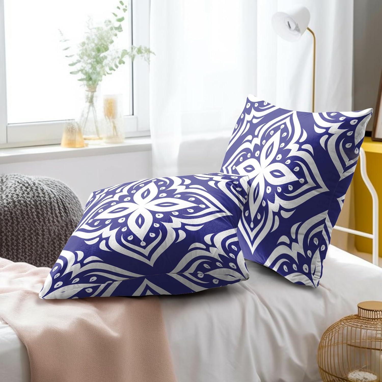 Navy Blue & White Floral Throw Pillowcases Set of 2 All-Season Soft Pillow Covers with Hidden Zipper,Durable for Sofa Bed Car Decor & Gift 18x18Inch