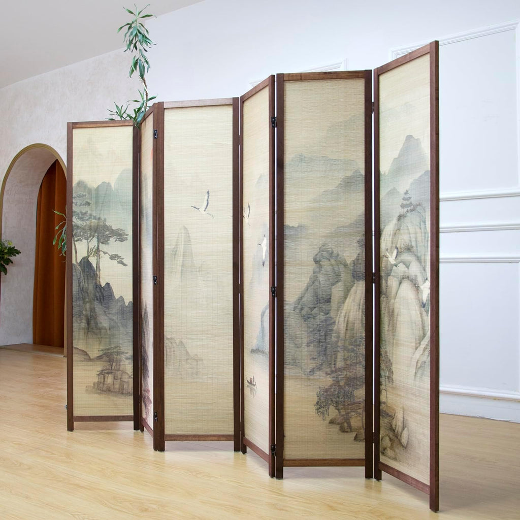 6 Panel Room Divider Screen and Folding Panel Screen,Double Sided Bamboo Divider for Room Separation,Mountains and Waters Landscape,67" H x 94.5" W