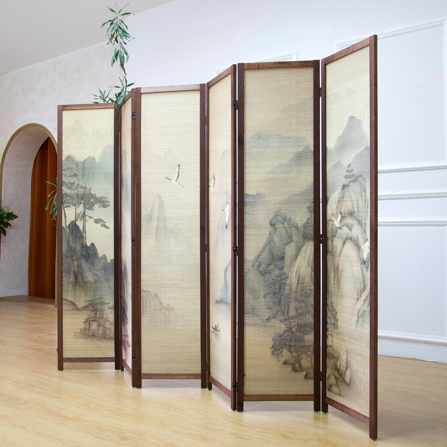 6 Panel Room Divider Screen and Folding Panel Screen,Double Sided Bamboo Divider for Room Separation,Mountains and Waters Landscape,67" H x 94.5" W